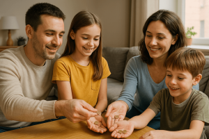 Niños aprendiendo a gestionar su paga semanal, en compañía de sus padres. Educación financiera infantil en casa.