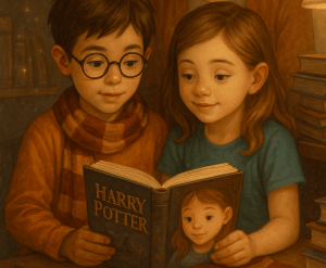 Niños leyendo Harry Potter con un adulto enseñando educación emocion