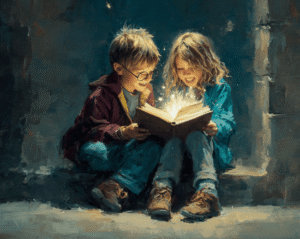 Niños leyendo Harry Potter mientras aprenden educación emocional con sus padres