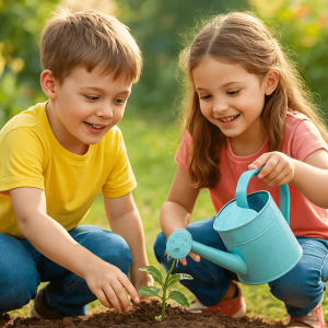Niño y niña regando una planta pequeña con una regadera azul, aprendiendo a esperar mientras cuidan una semilla, simbolizando la paciencia infantil.