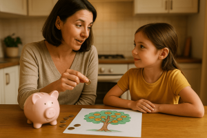 Madre explicando a su hija qué es invertir, con una hucha y un dibujo de árbol con monedas como ejemplo visual de inversión para niños.
